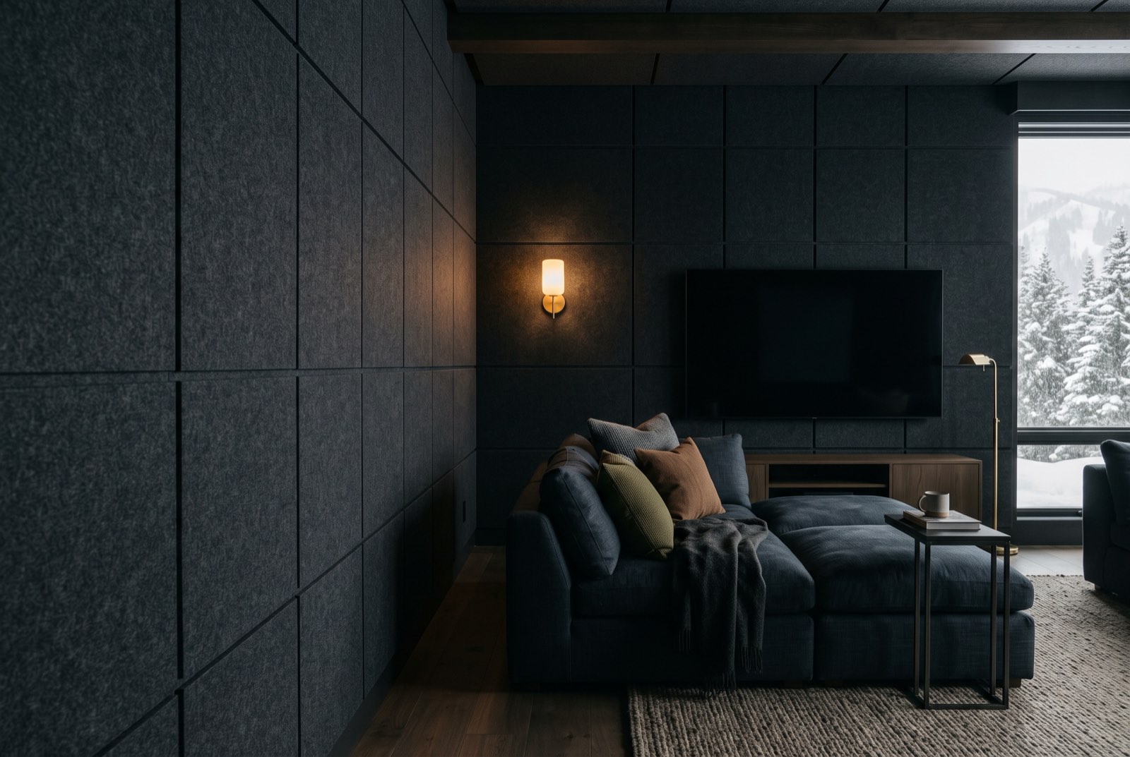 Charcoal wool felt acoustic panels with shadow-gap reveals across a media room, Park City, Utah
