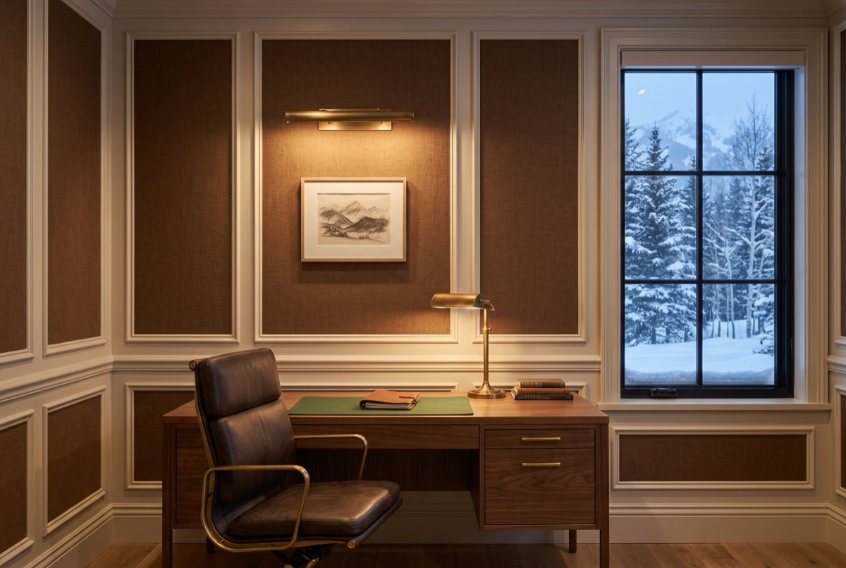 Tobacco wool textile wallcovering inside millwork panels in a home office, Park City, Utah