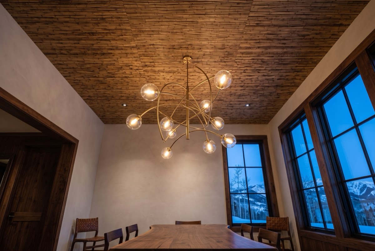 Woven bamboo and reed wallcovering across a dining room ceiling, Park City, Utah