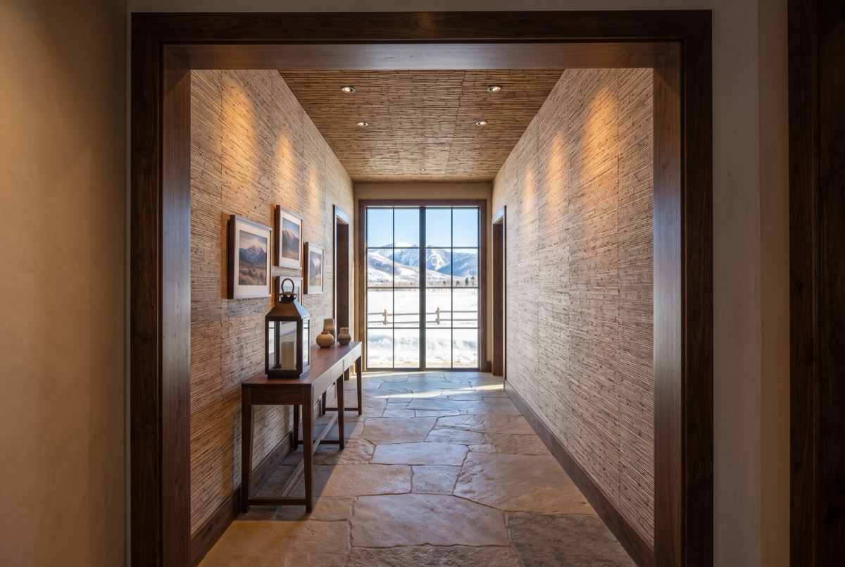 Woven reed wallcovering along an entry corridor, Heber Valley, Utah